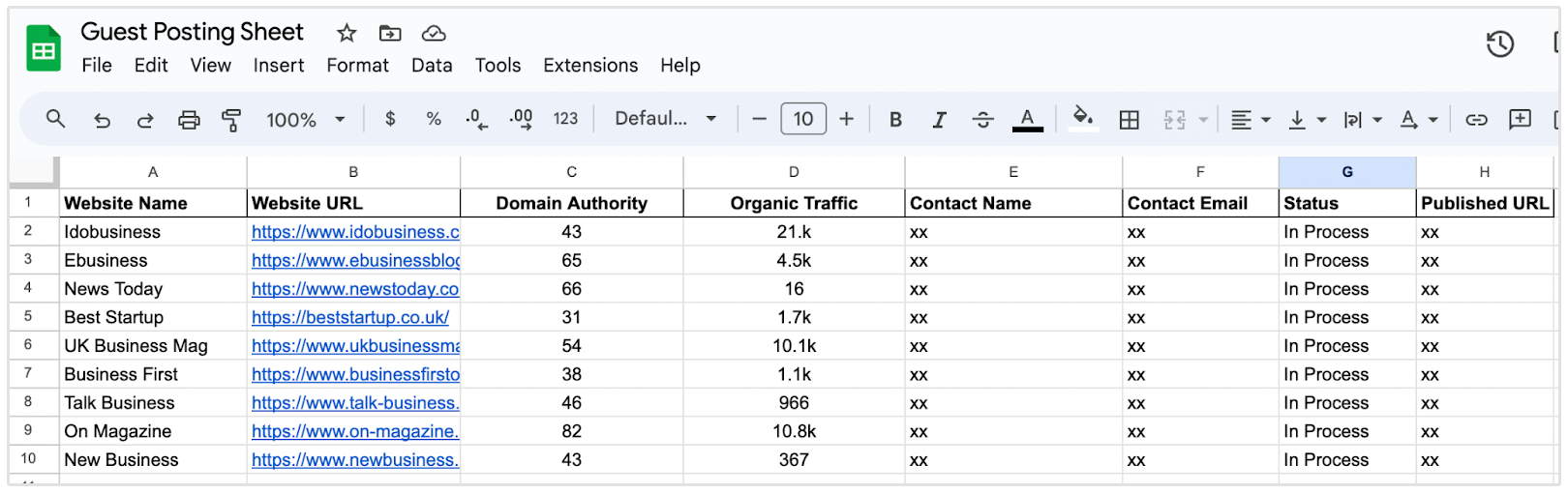 guest posting tracking sheet